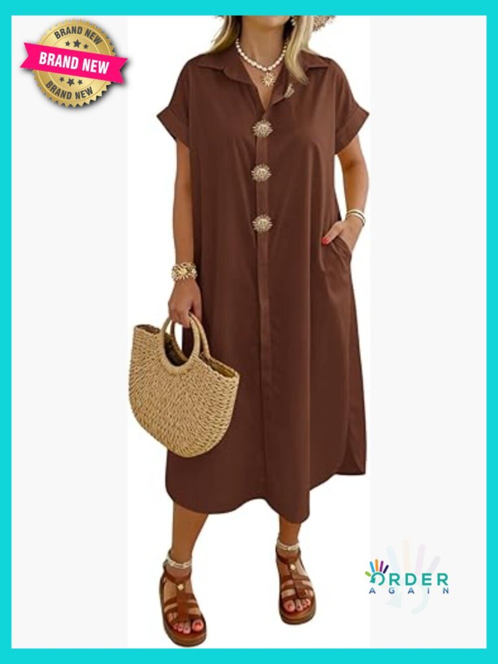 Oversized Maxi Dress Button Front V-Neck Short Sleeve Casual Beach Cover Up